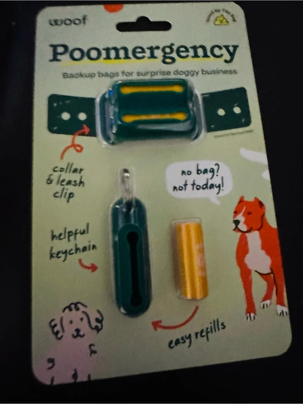 Woof PooMergency Dog waste bags & carriers collar clip & keychain bag holder NEW